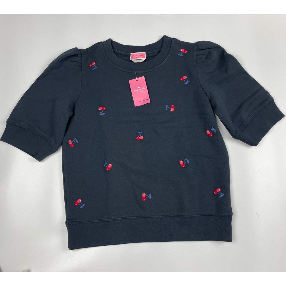 Kate Spade New York blue cherry embroidered short-sleeve pullover sweatshirt NWT